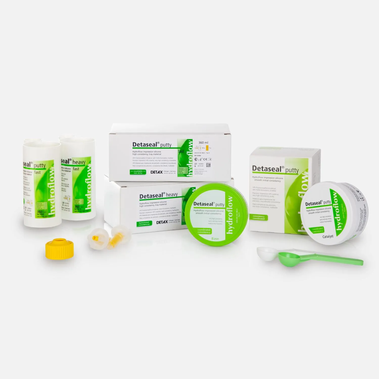 DETAX DETASEAL HYDROFLOW (A-SİLİKON) (PUTTY 2x50 ML KAVANOZ + 2x50 ML KARTUŞ + 2ÖLÇÜ KAŞIĞI, 12 KARIŞTIRMA KANÜLÜ, 12 INTRA-ORAL UÇ)